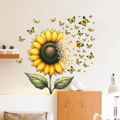 Adesivo da Parete Girasole Farfalla PVC Impermeabile Removibile Decalcomania Moderno Semplice Murale Arte per Soggiorno Casa