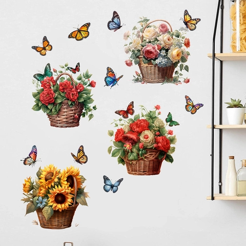 Sunflower Butterfly Rose Flower Basket Wall Sticker PVC Waterproof Removable Decorative Mural For Living Room Bedroom Home