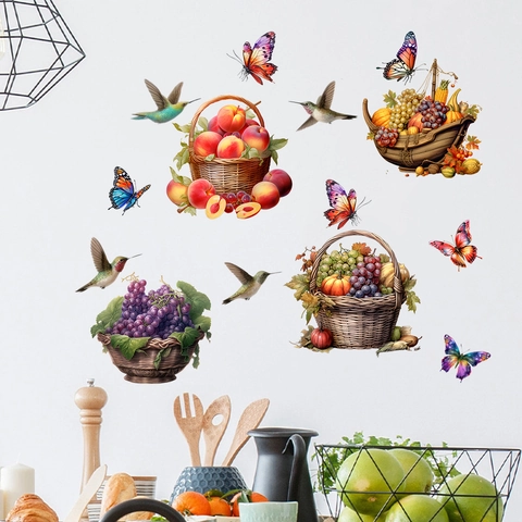 Uccelli Farfalle Cesti Di Frutta Adesivi Murali PVC Impermeabile Autoadesivo Murale Per Soggiorno Cucina Decorazione Casa