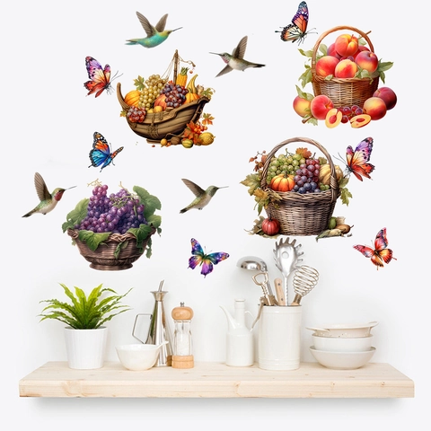Uccelli Farfalle Cesti Di Frutta Adesivi Murali PVC Impermeabile Autoadesivo Murale Per Soggiorno Cucina Decorazione Casa