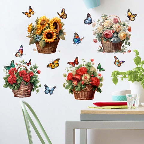 Sunflower Butterfly Rose Flower Basket Wall Sticker PVC Waterproof Removable Decorative Mural For Living Room Bedroom Home