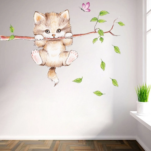Adesivi Murali Gatto Cartone Animato Ramo d'Albero Decalcomanie in PVC per Camera dei Bambini Asilo Nido Camera da Letto Fai da Te