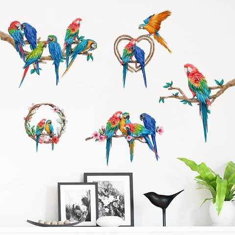 Aquarel Kleurrijke Papegaai Tak Bloemkrans Muurstickers Verwijderbare PVC Zelfklevende Muurschildering Voor Woonkamer Slaapkamer Decor