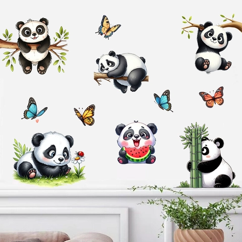 Cute Cartoon Panda Bamboo Wall Stickers For Kids Room Nursery Home Decor PVC Self Adhesive Animal Butterfly Wall Decals