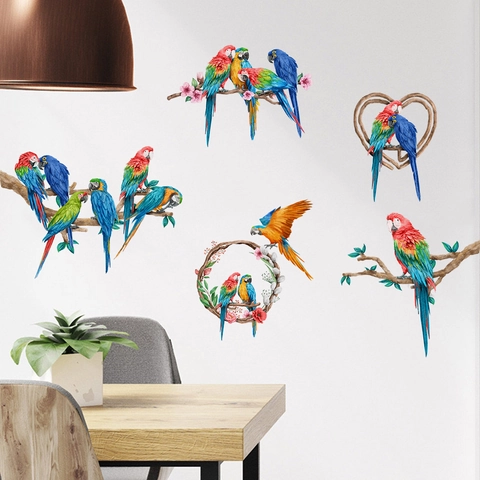 Aquarel Kleurrijke Papegaai Tak Bloemkrans Muurstickers Verwijderbare PVC Zelfklevende Muurschildering Voor Woonkamer Slaapkamer Decor