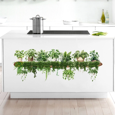 Waterdichte PVC Muurstickers Aquarel Groen Potplanten Boomstam Ontwerp Zelfklevende Woondecoratie Voor Keuken Woonkamer