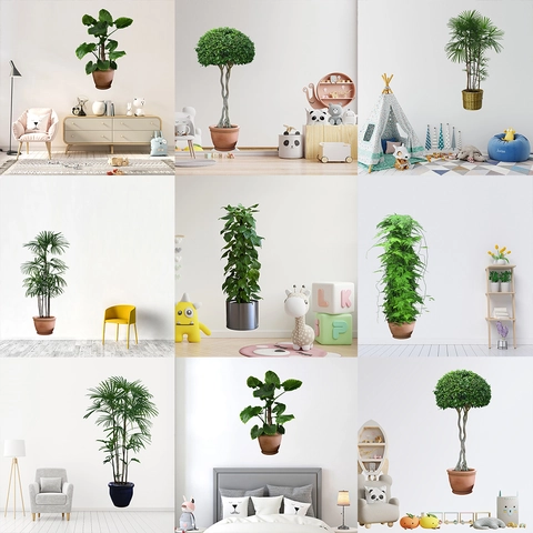 Pegatinas de Pared de PVC Impermeables de Plantas Verdes en Maceta Estilo Nórdico Moderno Murales Removibles para Sala de Estar Dormitorio