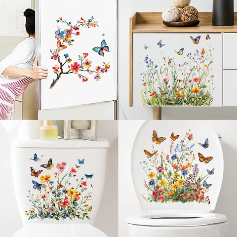 Stickers Muraux Imperméables en PVC Fleurs Aquarelle Papillon Stickers Toilettes Pour Salle de Bain Cuisine Réfrigérateur Maison