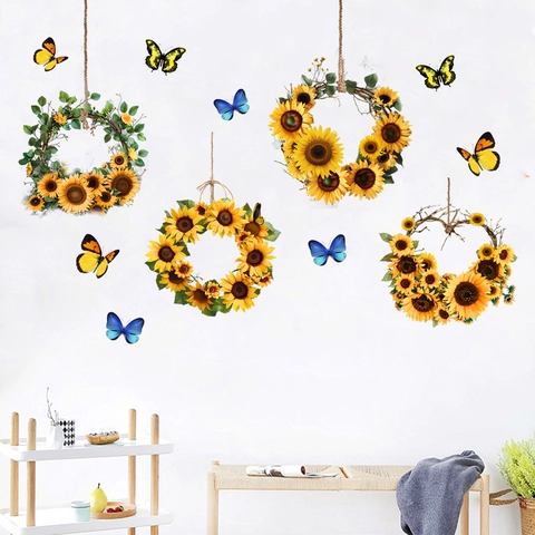 Sunflower Wreath Butterfly Wall Stickers Removable Waterproof PVC Wall Decals For Home Living Room Bedroom Decoration Mural