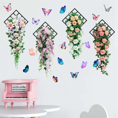 3D Rose Flower Vine Butterfly Wall Stickers PVC Removable DIY Wall Art Decor For Living Room Bedroom Home Decoration