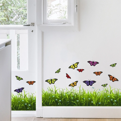 Waterdichte PVC Muursticker Veelkleurige Vlinder En Groen Gras Patroon DIY Decoratieve Sticker Voor Slaapkamer Woonkamer
