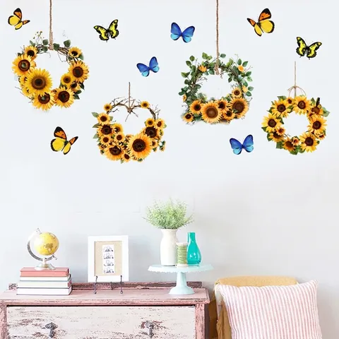 Sunflower Wreath Butterfly Wall Stickers Removable Waterproof PVC Wall Decals For Home Living Room Bedroom Decoration Mural