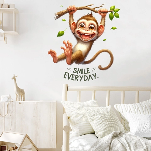 Cartoon Affe Auf Ast Wandaufkleber Mit Smile Everyday Zitat Wasserdicht PVC Wandtattoo Für Kinderzimmer Haus Deko