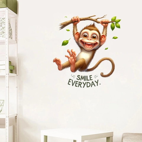 Cartoon Affe Auf Ast Wandaufkleber Mit Smile Everyday Zitat Wasserdicht PVC Wandtattoo Für Kinderzimmer Haus Deko