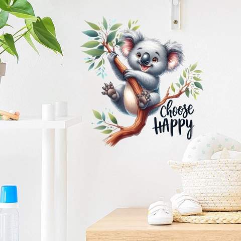 Cartoon Koala On Tree Branch Wall Sticker With Leaf And Choose Happy Text PVC Removable Mural Decal For Kids Nursery Decor