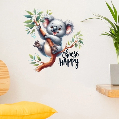 Cartoon Koala On Tree Branch Wall Sticker With Leaf And Choose Happy Text PVC Removable Mural Decal For Kids Nursery Decor