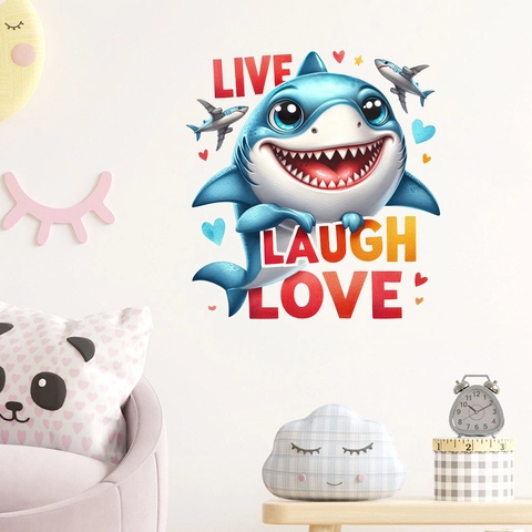 Cartoon Hai Wandtattoo Wasserdicht PVC Aufkleber Live Laugh Love Schriftzug Für Kinderzimmer Kindergarten Home Decor Wandbild