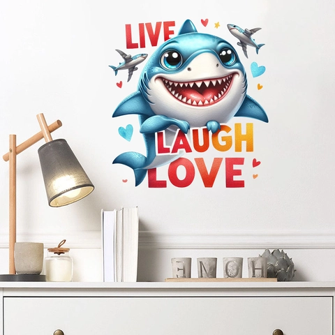 Cartoon Hai Wandtattoo Wasserdicht PVC Aufkleber Live Laugh Love Schriftzug Für Kinderzimmer Kindergarten Home Decor Wandbild