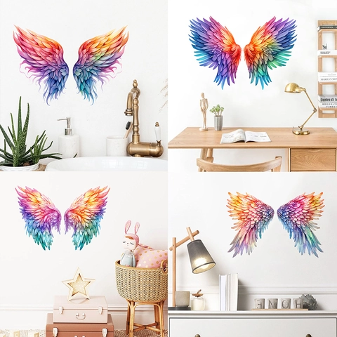 Adesivi Murali Ali di Piume Arcobaleno in PVC Impermeabile Ali d'Angelo Sfumate Decorazione Parete per Soggiorno Camera Bambini