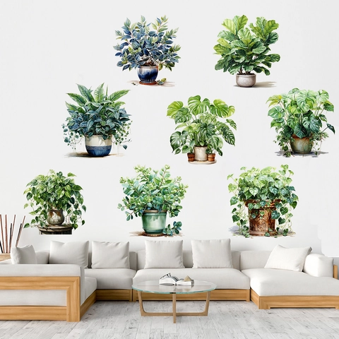 Printed PVC Potted Green Plant Wall Stickers Watercolor Leaf Vase Decals Self Adhesive Waterproof Decor For Home Bedroom