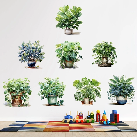 Printed PVC Potted Green Plant Wall Stickers Watercolor Leaf Vase Decals Self Adhesive Waterproof Decor For Home Bedroom