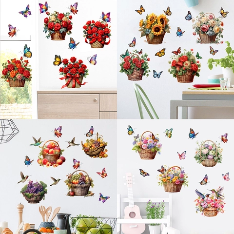 Pastoral Floral Butterfly Flower Basket Wall Stickers Waterproof Removable PVC Art Mural For Home Living Room Bedroom Decor