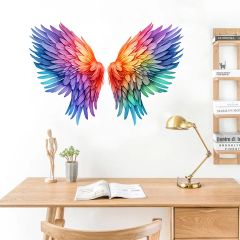 Adesivi Murali Ali di Piume Arcobaleno in PVC Impermeabile Ali d'Angelo Sfumate Decorazione Parete per Soggiorno Camera Bambini