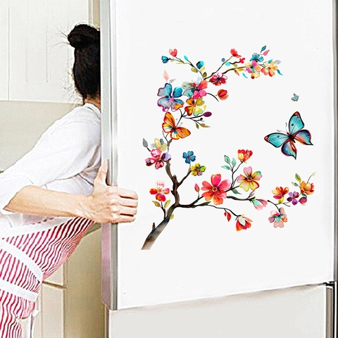Stickers Muraux Imperméables en PVC Fleurs Aquarelle Papillon Stickers Toilettes Pour Salle de Bain Cuisine Réfrigérateur Maison