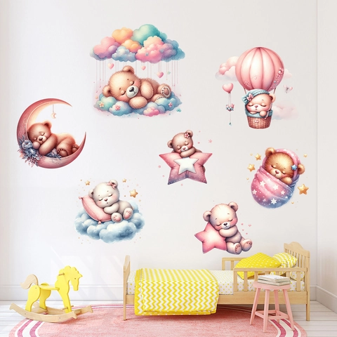 Cartoon Pink Sleeping Bear Hot Air Balloon Wall Sticker Waterproof PVC Decal For Kids Nursery Room Bedroom Home Decoration