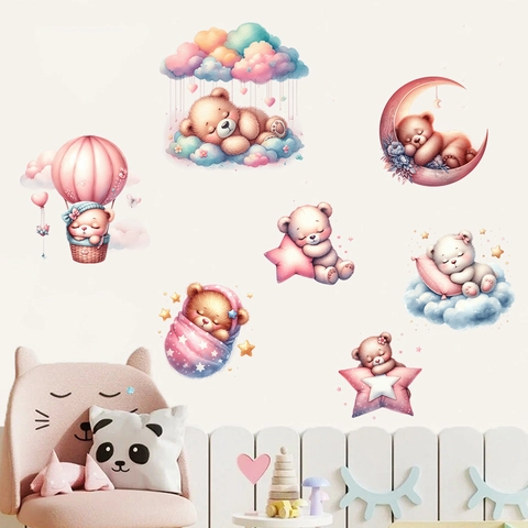 Cartoon Pink Sleeping Bear Hot Air Balloon Wall Sticker Waterproof PVC Decal For Kids Nursery Room Bedroom Home Decoration