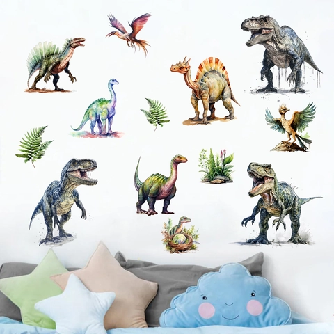 Aquarell Dinosaurier Wandaufkleber Für Kinderzimmer PVC Wasserdicht T-Rex Pterosaurier Wandtattoos Für Schlafzimmer Deko