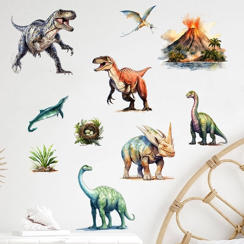 Modernes Stickers Muraux en PVC Imperméables Dinosaures Volcan Ptérosaure Autocollants pour Chambre d'Enfant Décoration Intérieure Décalcomanies