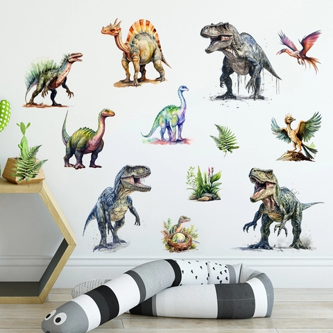 Aquarell Dinosaurier Wandaufkleber Für Kinderzimmer PVC Wasserdicht T-Rex Pterosaurier Wandtattoos Für Schlafzimmer Deko