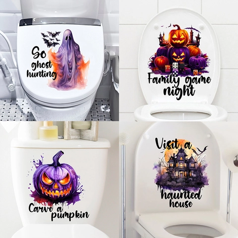 Halloween Ghost Castle Pumpkin Toilet Lid Decal Waterproof PVC Wall Sticker For Bathroom Toilet Home Party Festive Decor