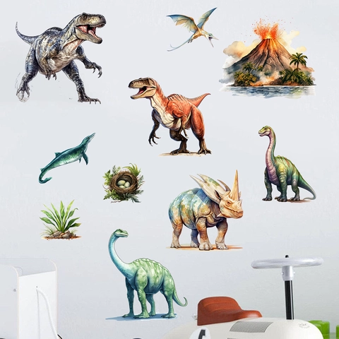 Modernes Stickers Muraux en PVC Imperméables Dinosaures Volcan Ptérosaure Autocollants pour Chambre d'Enfant Décoration Intérieure Décalcomanies