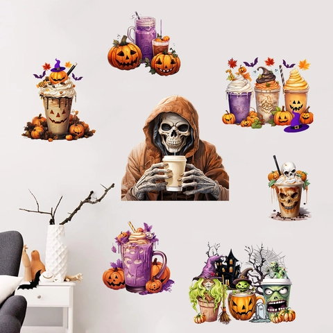 Halloween Wandaufkleber PVC Abnehmbar Kürbis Fledermaus Skelett Milchtee Hexe Wanddeko Für Wohnzimmer Schlafzimmer Party Deko