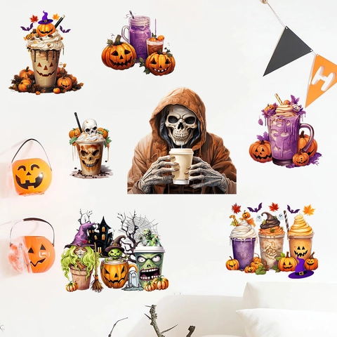 Halloween Wandaufkleber PVC Abnehmbar Kürbis Fledermaus Skelett Milchtee Hexe Wanddeko Für Wohnzimmer Schlafzimmer Party Deko