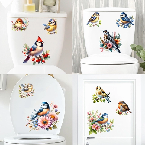Pegatina de Pared de PVC Impermeable Aves Realistas Flores Rama Calcomanía para Baño Cocina Refrigerador Armario Decoración Hogar