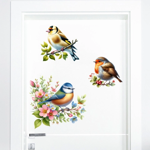 Pegatina de Pared de PVC Impermeable Aves Realistas Flores Rama Calcomanía para Baño Cocina Refrigerador Armario Decoración Hogar