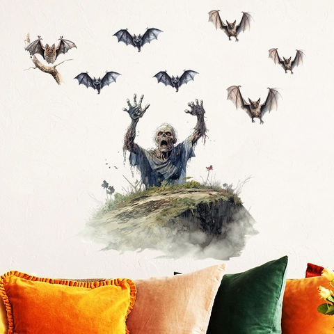 Halloween Zombie Klettert Aus Der Wand PVC Wandaufkleber Horror Realistische Fledermaus Dekor Für Wohnzimmer Party