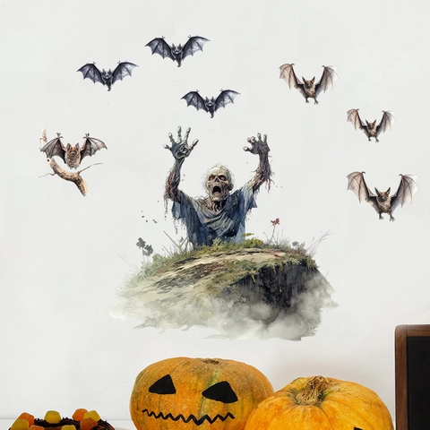 Halloween Zombie Klettert Aus Der Wand PVC Wandaufkleber Horror Realistische Fledermaus Dekor Für Wohnzimmer Party