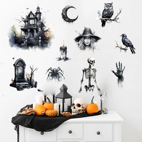 Gothic Halloween Wall Stickers Watercolor Castle Witch Skeleton Crow Spider Grave PVC Removable DIY Decals Home Party Decor