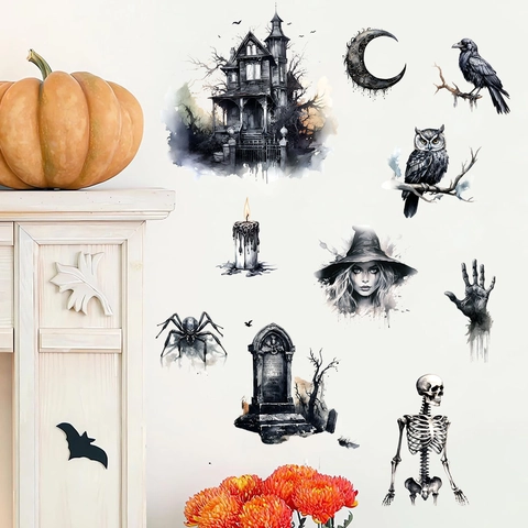 Gothic Halloween Wall Stickers Watercolor Castle Witch Skeleton Crow Spider Grave PVC Removable DIY Decals Home Party Decor