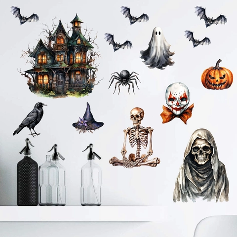 Adesivi Murali Halloween Acquerello Casa Stregata Fantasma Zucca Pipistrello Scheletro Per Soggiorno Festa Decorazione Casa