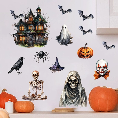 Adesivi Murali Halloween Acquerello Casa Stregata Fantasma Zucca Pipistrello Scheletro Per Soggiorno Festa Decorazione Casa