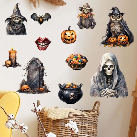 Halloween Wandaufkleber Aquarell Kürbis Skelett Zauberer Eule Fledermaus Vogelscheuche Abnehmbares PVC Wohnzimmer Deko