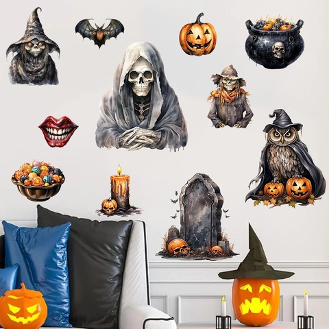Halloween Wandaufkleber Aquarell Kürbis Skelett Zauberer Eule Fledermaus Vogelscheuche Abnehmbares PVC Wohnzimmer Deko