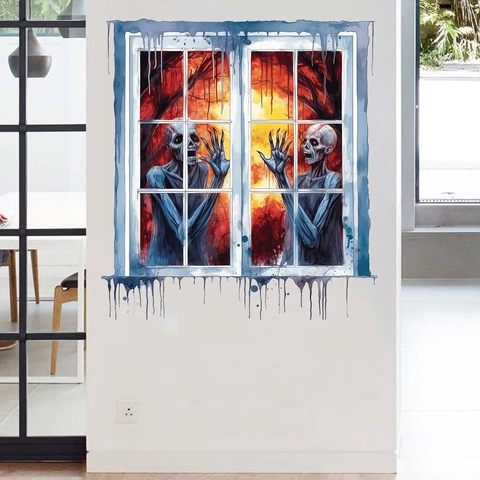 Adesivo da Parete Zombie Finestra 3D Halloween Decalcomania Scheletro Horror Peeking Foresta Spaventosa Arredamento Casa