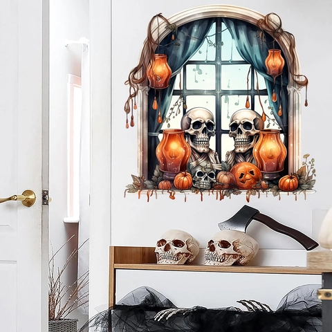 Pegatina de Pared de Halloween 3D Ventana Gótica Esqueleto Calabaza Linterna Impermeable PVC Decoración Sala de Estar