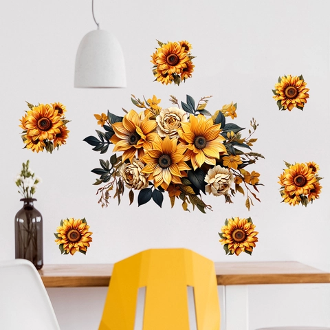 Sunflower And Rose Floral Wall Stickers Removable Self Adhesive PVC Wall Decals For Living Room Bedroom Kitchen Home Decor